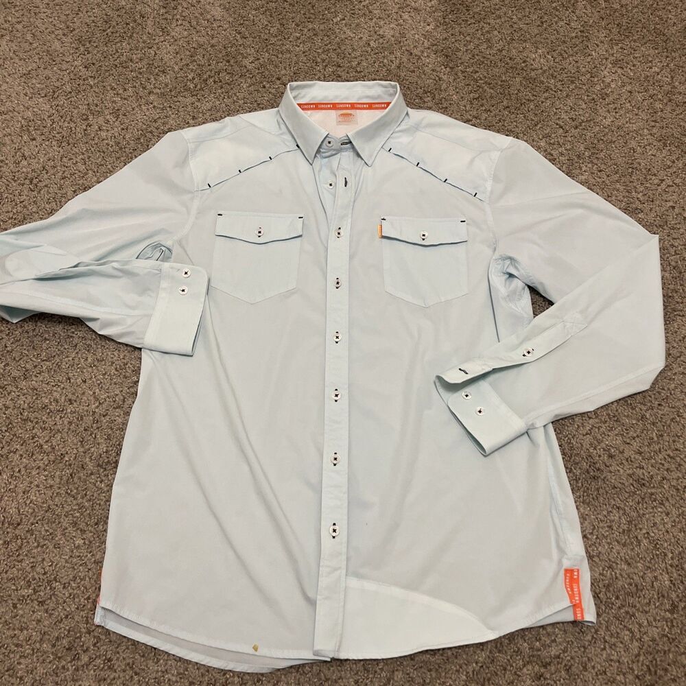 SUNDOWN SUPPLY CO Men's Performance Shirt Aqua Blue/Green Vented Size Large